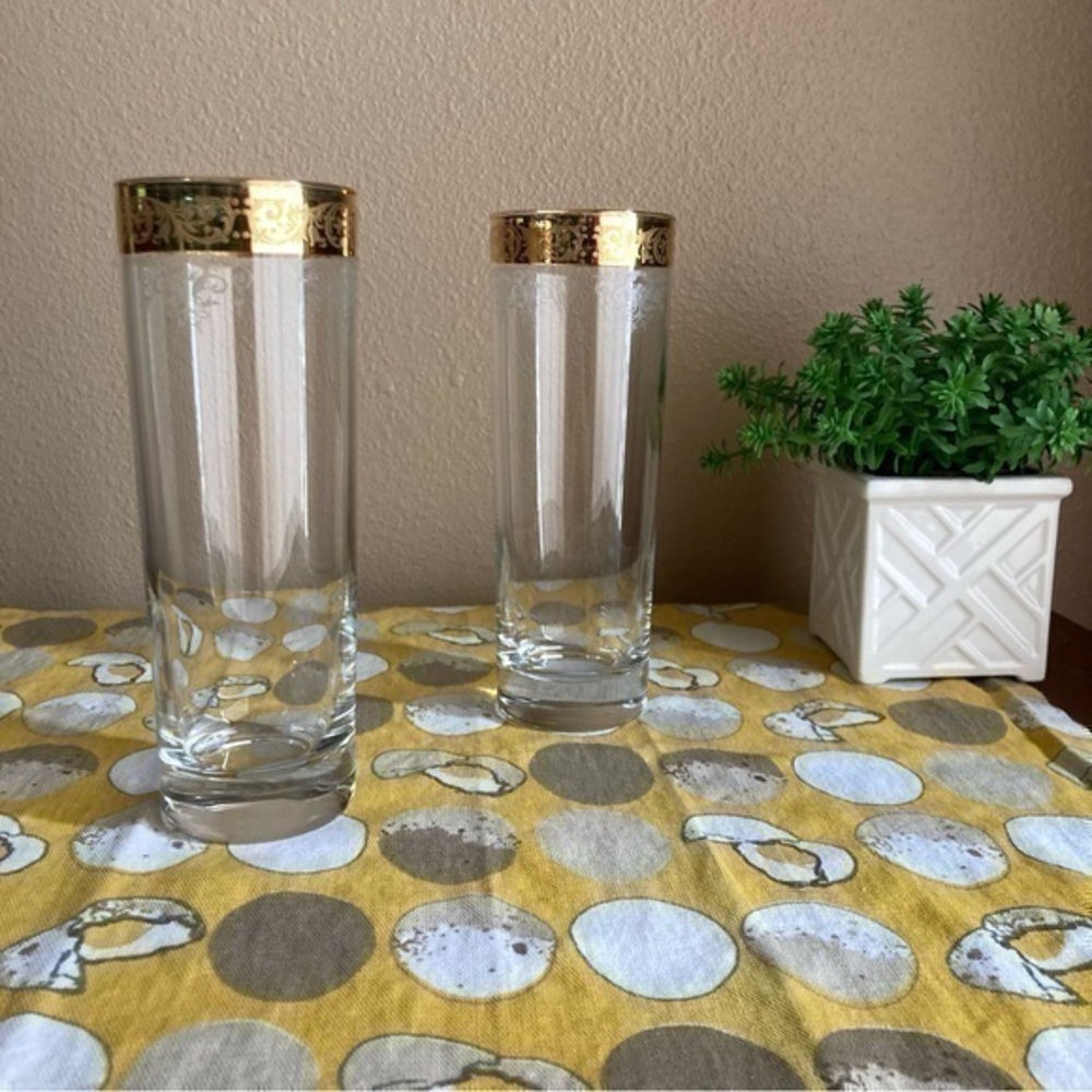 Vintage MCM style highball glasses with etched gold rims